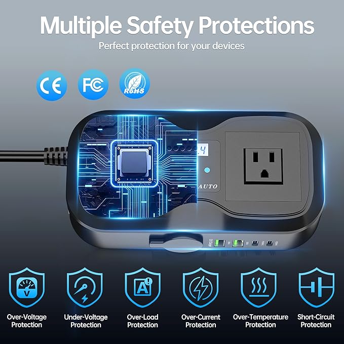 7 in 1 Car Power Inverter, 200W DC 12V to 110V AC Car Inverter with LED Voltmeter, 4-Port PD/QC3.0 Charge, 2 Car Outlets and Cigarette Lighter Adapter USB C Car Charger for All Car Devices