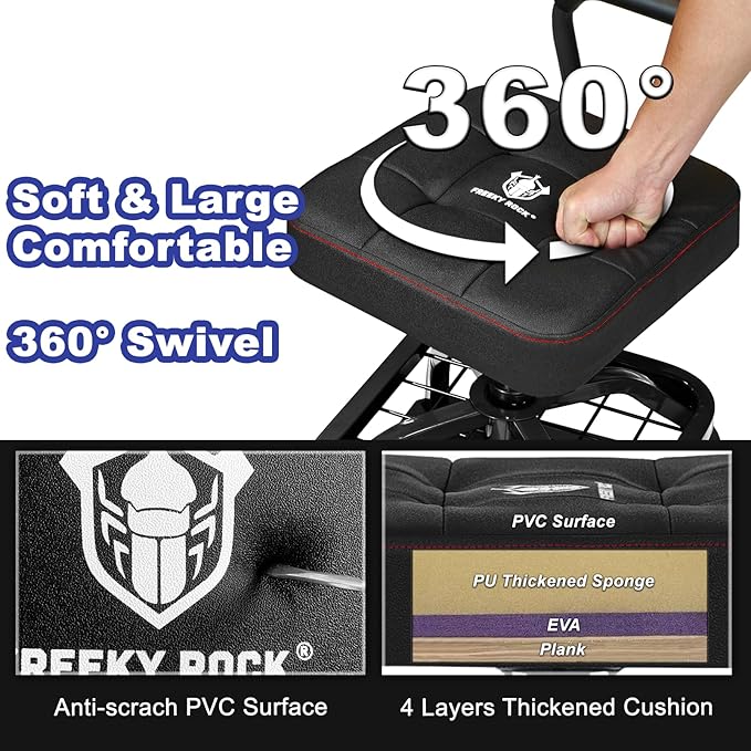 Rolling Shop Stool with Wheels, Garage Mechanic Shop Chair with Handle Backrest, Adjustable Height Work Stool, Roller Seat with Tool Tray Storage, Heavy Duty, 330 LBS Capacity, Black