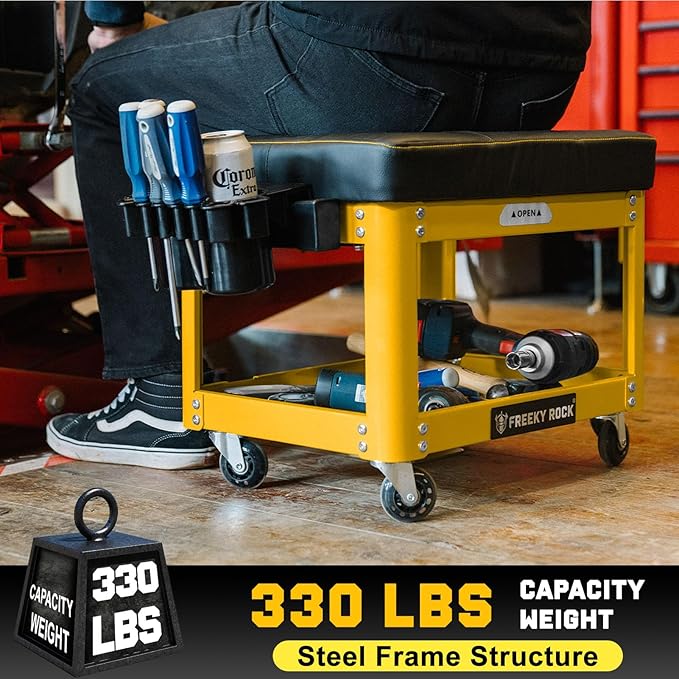 Rolling Mechanic Shop Stool with Wheels, Garage Mechanics Stool with 2 Layer Repair Tools Tray, Padded 360° Swivel Automotive Roller Creeper Seat Shop Chair, Heavy Duty, 330 LBS Capacity, Yellow