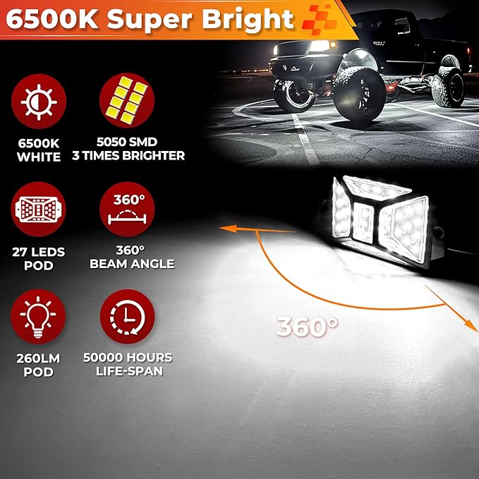 40 Pods Pure White LED Rock Lights Kit with Switch Wiring Harness,6500K 1080 LEDs Bright Rock Lights for Trucks,Waterproof Underglow Light for Car Jeep Off Road ATV UTV SUV