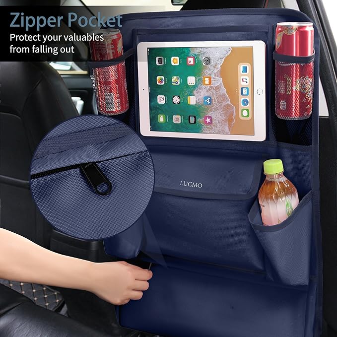 LUCMO Car Backseat Organizer with Touch Screen Tablet Holder,9 Storage Pockets Car Storage Organizer,Protectors Kick Mats Travel Accessories for Kids-Dark Blue