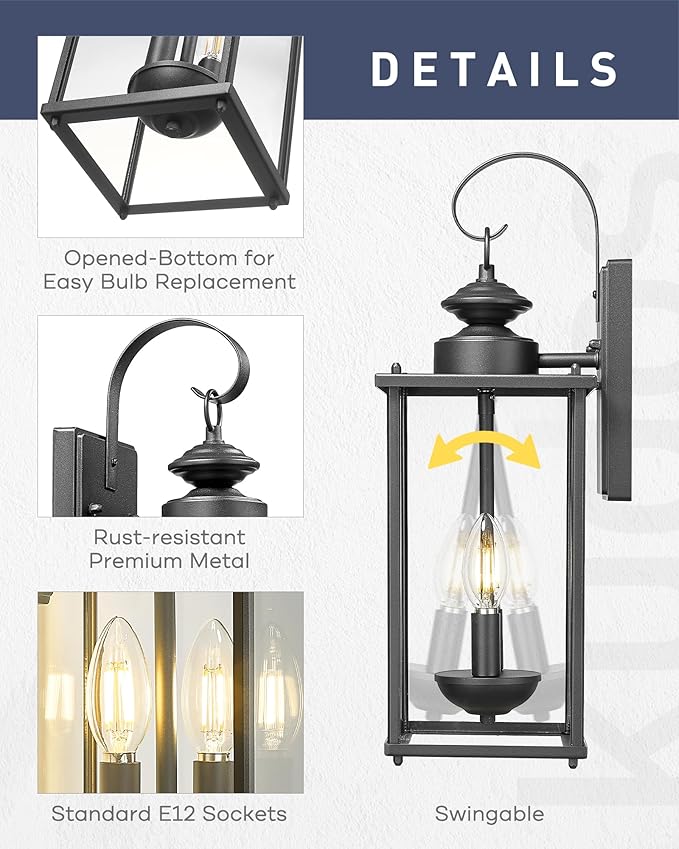 kudos Porch Lights, 18.1 inch Large Outdoor Wall Light, E12 Sockets, Anti-Rust Waterproof Light Fixtures Wall Mount for Patio, Doorway, Entryway, Black with Clear Glass, KDOWL02-BK-L