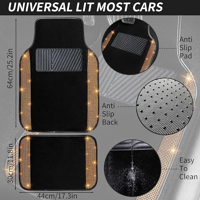 NBTEPEM Bling Car Floor Mats Full Set, Universal Fit Most Cars,SUV, Trucks, 4 pcs Sparkle Glitter Diamond Carpet for Women Girls with Anti-Slip Pad (Orange Diamond)
