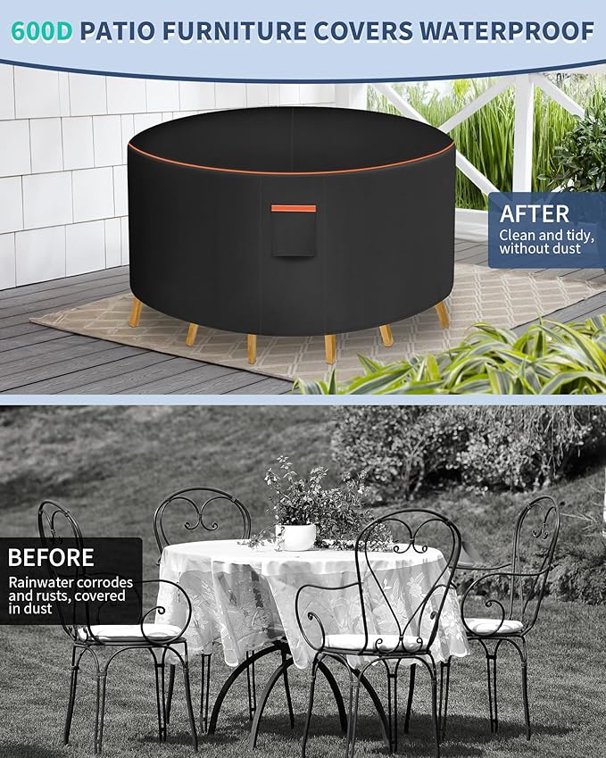 Round Patio Furniture Cover, 96 Inch Diameter Waterproof 600D Heavy Duty Table and Chair Set Protection Black
