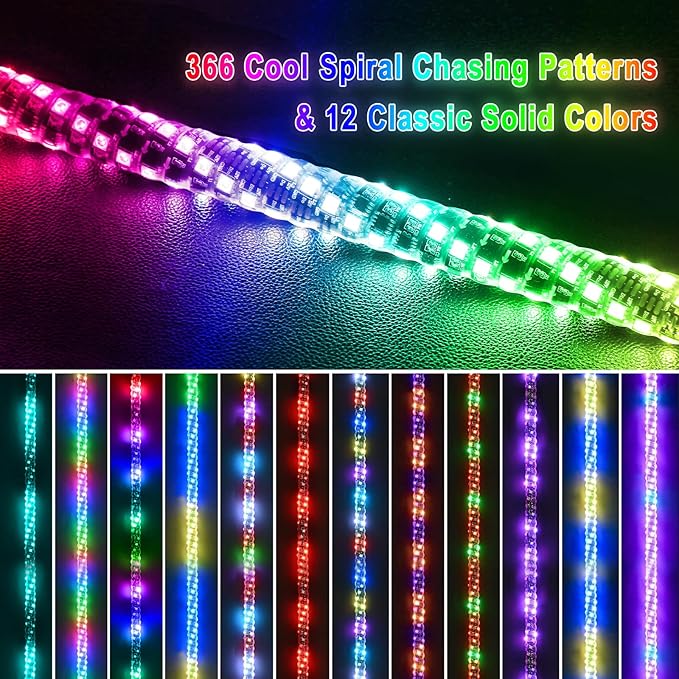 3FT-2 PC Spiral RGB LED Whip Light RGB Chasing/Dancing Light RF Remote Control Lighted Whip Lights for UTV, ATV, Off Road, Truck, Sand, Buggy Dune, RZR