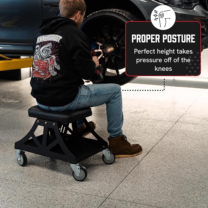 Vyper Low Pro Garage Stool with Removable Seat for Mechanics, Automotive, DIY - 400 lb Capacity Rolling Shop Chair (Black Seat, Red Frame)