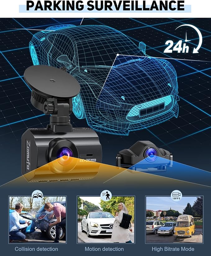 4K Dash Cam Front and Rear, Car Dash Camera Built-in WiFi GPS, Free 64GB Card, UHD 2160P Night Vision, WDR, 170°Wide Angle, WDR, 24H Parking Monitor