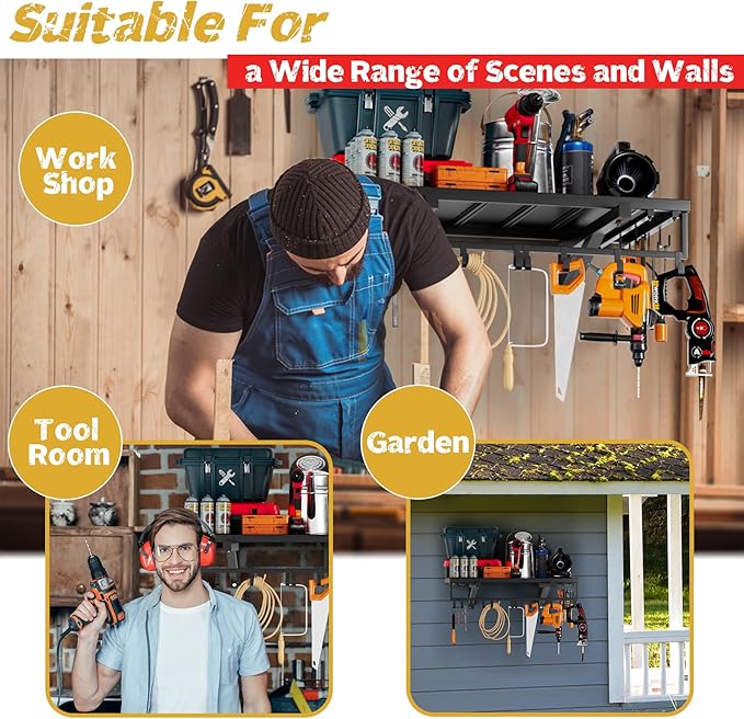 2pcs Garage Wall Shelving - 42in Extra Large Heavy Duty Floating Shelves with 30 Hooks, Load Capacity 1102 Lbs, Hanging Garage Storage Rack, Tool Hanger Organizer Utility Rack, For Home, Workshop