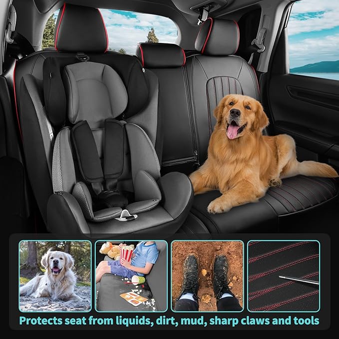 Seat Covers for Honda CRV 2023 2024 2025 2026 EX/EXL/LX/Sport/Touring/Special Edition, Hybrid & Gas, 1:1 Custom Leather Seat Covers Full Set - BlackRed