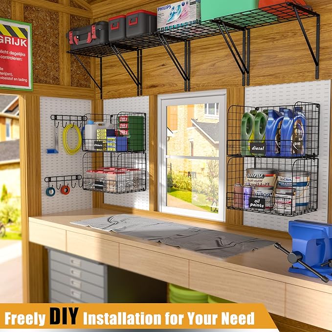 2 Pack Garage Shelves Wall Mounted with Wire baskets, Heavy Duty Garage Wall Shelving with Hooks, Wire Shelf Baskets Tool Organizer for Home Garden Garage Organization and Storage