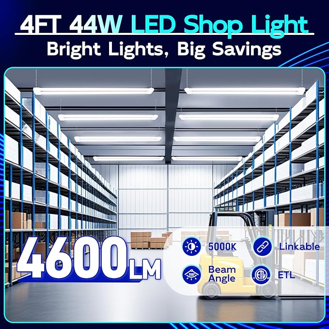 hykolity 4 Pack Linkable LED Shop Light, 4FT 44W [300W Equivalent], 4600lm, 5000K Daylight, Plug-in Utility Light Fixture, Hanging or Surface Mount, White - Energy Efficient Lighting Solution