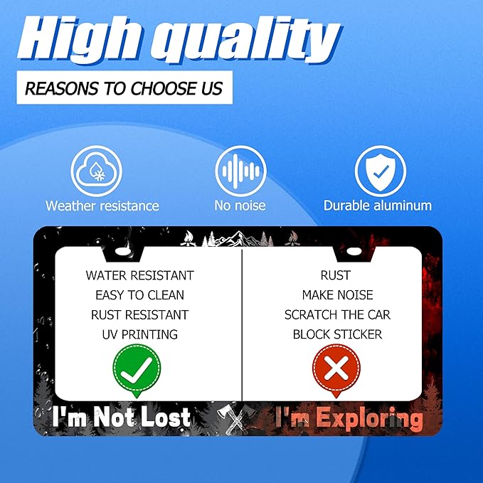 Funny License Plate Frame I'm Not Lost I'm Exploring License Plate Stainless Steel Mountain License Plate Holder Black Car Accessories Decoration With 2 Screws Fits Standard Vehicles Size 12.3" x 6.3"