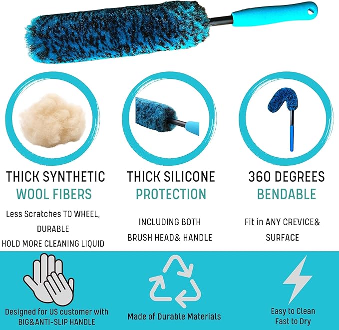 PRO Choice 4 Pack Long Handle Wheel Brush Kit for Cleaning Wheel and Tire- 2X Soft Wheel Cleaning Brush, Detailing Brush and Stiff Tire Brush