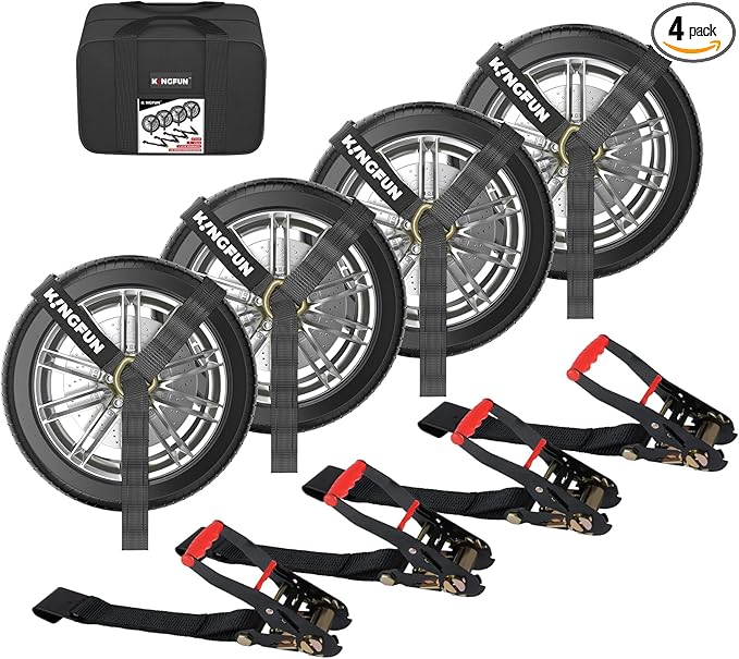 Kingfun Car Tie Down Straps for Trailers 4 Pack– Heavy Duty 2" x 120" Trailer Tire Straps with 3333 lbs Safe Working Load, Over The Wheel Strap for Car Hauler, Truck, UTV, and Utility Trailers