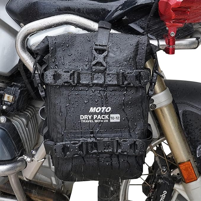Motorcycle Tail Bag Front Bumper Bag, 12L Roll-top Waterproof Motor Saddle Panniers Luggage Bags for Motorcy-Black(12L)