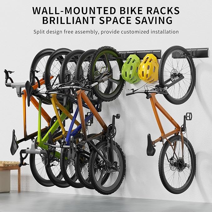 Bike Storage Rack 48Inch for 6 Bikes + 5 Helmets, Up to 500lbs, Heavy Duty Bike Hangers for Garage, Bike Hooks for Garage, Solid Steel Bicycle Storage, Bike Wall Mount, New Black