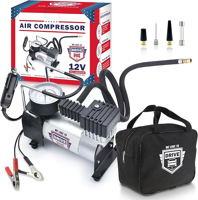 Tire Inflator Portable Air Compressor For Car Tires & Inflatables, 12V DC One Cylinder Air Pump For Emergency Kit with 150 PSI Pressure Gauge, Adaptors, Hose, Car Plug, Clip Connectors & Carry Bag