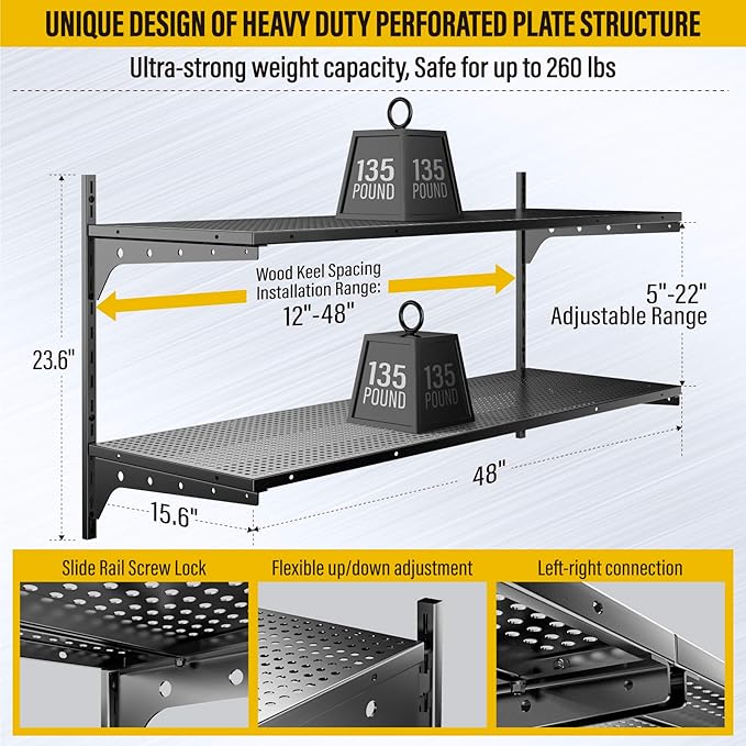 2 Tier 1.3x4ft Garage Shelving Wall Mounted, 400 lbs Load Capacity，15.6x48inch per Shelf Height Cassette Adjustable Floating Shelves(Black)