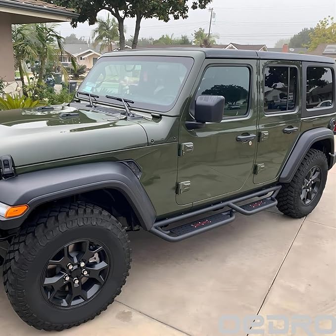 OEDRO All-Steel Build Running Boards Compatible with 2018-2025 Jeep Wrangler JL 4 Door, Bolt-on Side Steps with Leaf Shaped Design, Black Powder Coated Nerf Bar