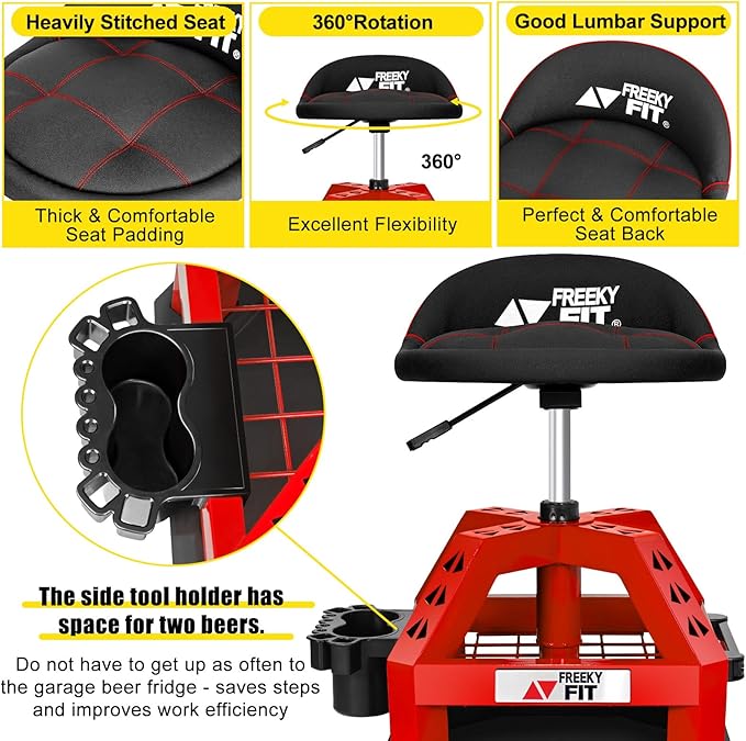 Rolling Shop Stool for Garage with Casters, DO02-Adjustable Height 360° Swivel Shop Seat with Tool Tray Storage, 330 LBS Capacity Padded Mechanic Stool, Magnetic Tool Hold, Heavy Duty, Red