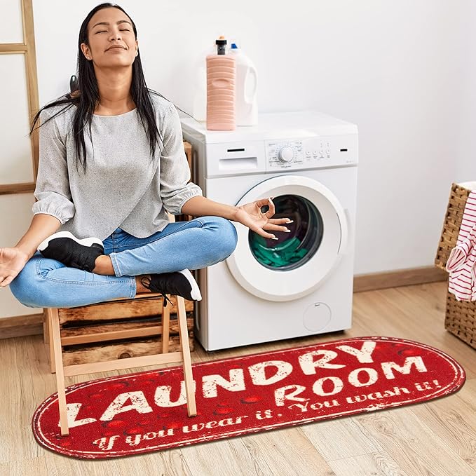 Ottomanson 20" x 59" Oval Laundry Room Rug - Non-Slip Mat for Laundry & Mudroom - Durable, Stain-Resistant, and Easy to Clean - Perfect for High-Traffic Areas - Runner Rug for Entryway Bathroom, Red