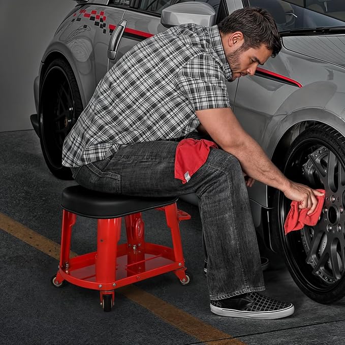 M-AUTO Heavy Duty Garage Rolling Work Seat 300LBS Capacity Mechanics Stool with Wheels, Rolling Work Seat with Equipment Tray and Tool Rack, Rectangle Seat Mechanic Roll Chair, Red
