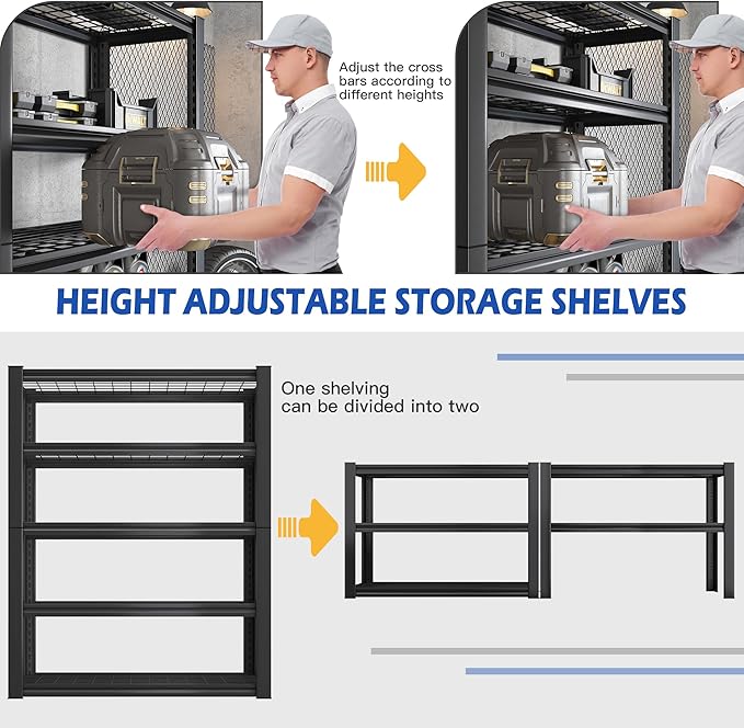 REIBII 3010LBS Storage Shelves 72" H Garage Shelving Heavy Duty Metal Shelving 5 Tier Adjustable Metal Shelves for Storage for Pantry Kitchen Basement 72" H x 35.5" W x 16" D, 4 Pack