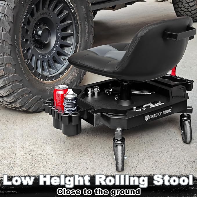 Rolling Stool with Wheels, Adjustable Height Pneumatic Garage Work Mechanic Stool Seat with Backrest, 400 LBS Capacity 360° Swivel Mechanic Crepper Chair with Tool Tray Storage, Gray
