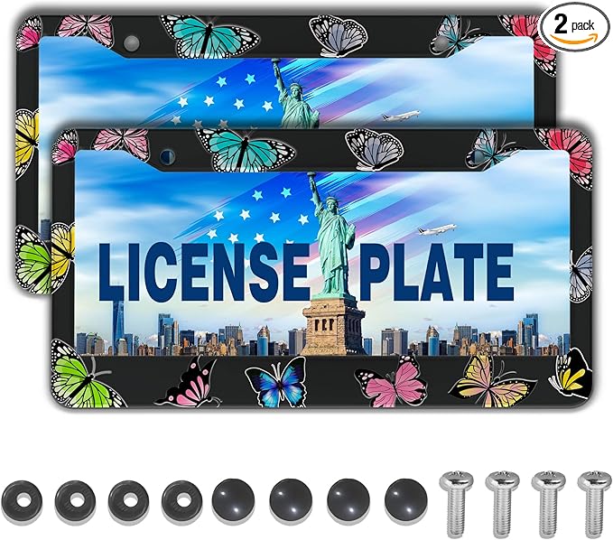 License Plate Frames for Women Multicolor License Plate Frame Holder for Men Butterfly Aluminum Metal Car Accessory 2 Pack with Screw Covers Set