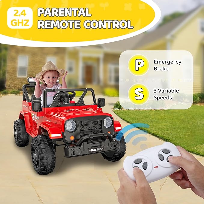 12V Ride On Truck Car with Remote Control, Kids Electric Vehicles with Bluetooth Music, Horn, 3 Speeds, 4 LED Lights, Soft Start, Ride-on Toy for Toddler Boys & Girls (Red)
