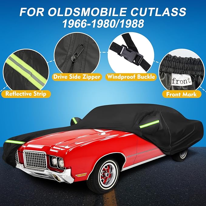 QUNSUNUS Waterproof Car Cover for Oldsmobile Cutlass 1966-1980/1988, Outdoor Car Cover with Zipper, Full Exterior Car Covers for Automobiles All Weather with Wind, Sun, UV and Dust Protection