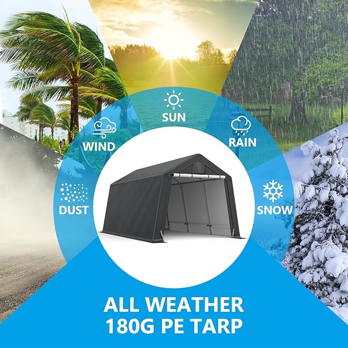 10x15FT Outdoor Storage Shelter Carport,Thickened Double-layer Heavy Duty Storage Shed Carport with Roll-up Zipper for Bike, Motorcycle, Garden Storage, Dual-color PE Waterproof and UV Resistant, Gray