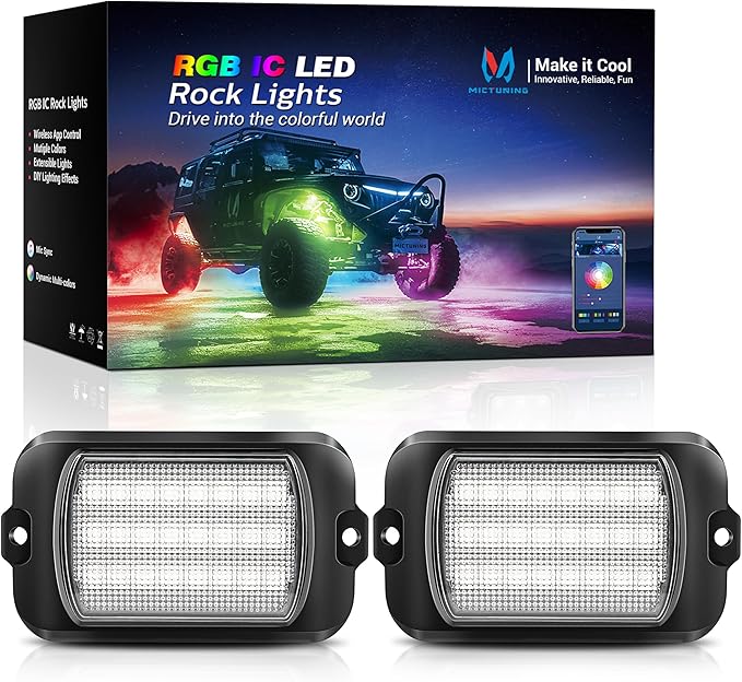 MICTUNING 2025 1000% Bright Q1 MAX RGB+IC Rock Lights, 2 Pods Chasing Dreamcolor Extensible Underglow Multicolor Neon Light Underbody Lighting Kit for Truck ATV UTV Boat (No Controller)