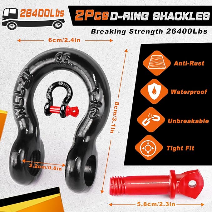 MAIKEHIGH Tow Strap Heavy Duty with Hooks, 2"×16ft 22,000Lbs Tow Rope with D-Ring Shackles (2pcs) + Protective Gloves (2pcs), Emergency Recovery Strap for Car Truck SUV ATV (Orange)