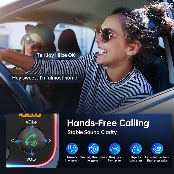 Syncwire Bluetooth 5.4 FM Transmitter Car Adapter 54W (PD 36W & 18W) [Fast Charging] [Stronger Dual Mics] [Light Switch] [HiFi Deep Bass] Wireless Radio Receiver Hands-Free Calling LED Display, Blue