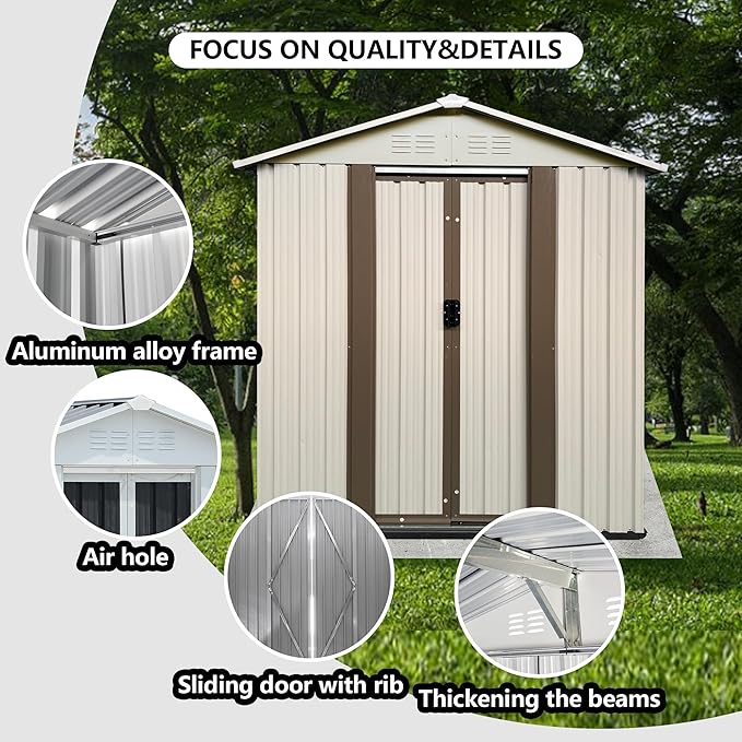 5x3 FT Outdoor Storage Shed, Metal Garden Shed with Lockable Sliding Doors, Small Outside Tool Shed with Sloped Roof & 4 Air Vents, Waterproof Storage Building for Backyard, Patio, Lawn, Cream White