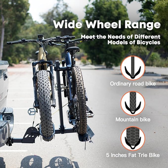 EBike Rack with Ramp, 200 lbs Capacity Heavy Bike Rack Electric Bike Carrier for 2 E-Bike, Foldable Bike Racks for Tow Hitch Up to 5-inch Fat Tire 2'' Receiver