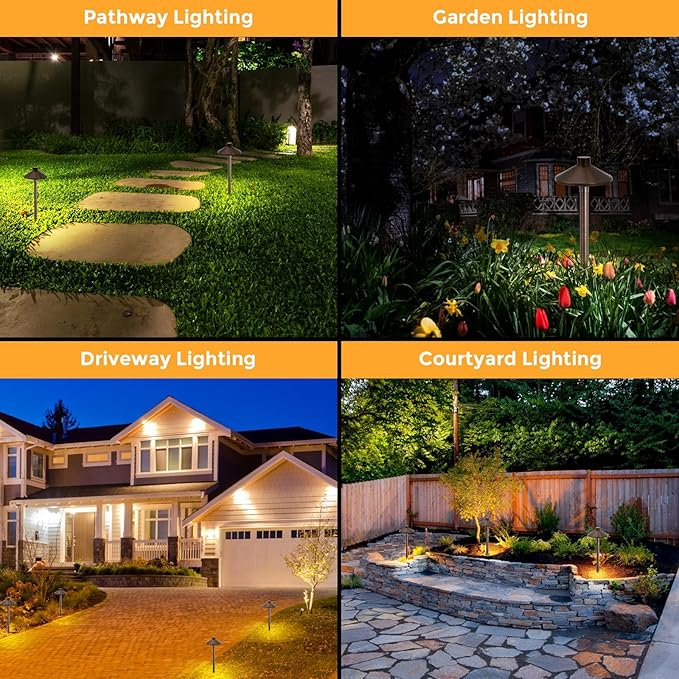 Gardencoin Solid Brass Low Voltage Pathway Lights (6.7'' Shade, 21.9'' Tall), 12V AC/DC Heavy Duty LED Landscape Path Lights Outdoor Wired, Antique Bronze Walkway Lights with Larger Stake, 6-Pack