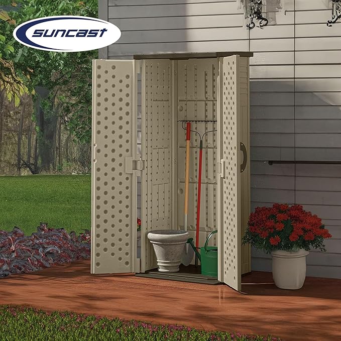 Suncast 22 Cubic Feet Capacity Tall Plastic Vertical Outdoor Shed for Garden, Backyard, Patio, or Pool Supplies Storage, Brown