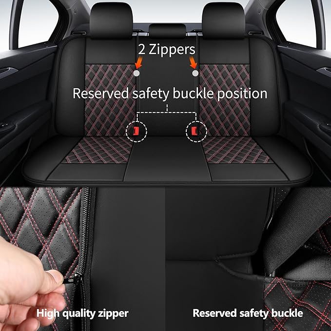 Car Seat Covers Full Set,Breathable and Waterproof Napa Leather Car Seat Cover,Interior Universal Fit for Cars,Sedans,SUVs,Vans,Trucks(Full Seat,Black+Red,N3)