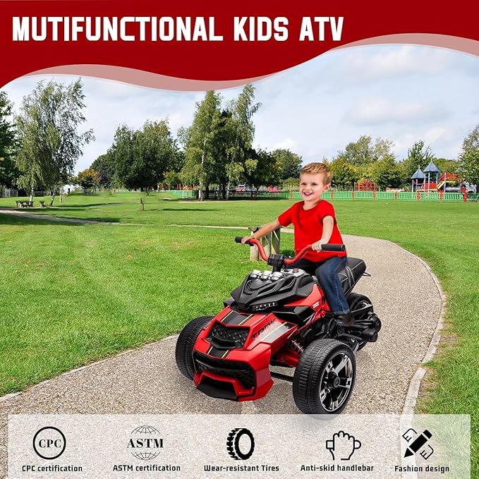 12V Kids Electric Ride-On Car with Parent Remote Control, 7MPH, 2 Speeds, 2x55W Motor, LED Lights, Music, USB & EVA Tires, 3 Wheel Battery Powered Toy Vehicle for Toddlers