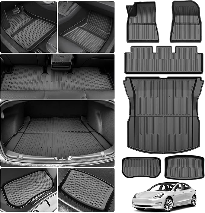 Powerty Floor Mats & Cargo Liner for 2024 2025 Tesla Model 3 Highland Accessories Cargo Mat& Front Storage Mat& Rear Storage Mat All Weather TPE 3D Floor Liners 2 Row Liner Set(6 PCS)