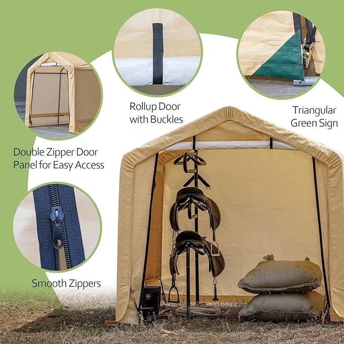 6x6 ft Heavy Duty Outdoor Storage Shed with Roll-up Zipper Door S-Hooks and Sandbags, Waterproof and UV Resistant Portable Garage Carport, Motorcycle Bike ATV Tent Shed, Yellow