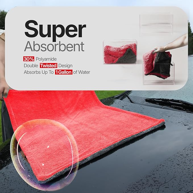 Microfiber Towels for Cars - 1300GSM X Large Size Double Twisted Loop 2pcs - 70/30 Blend Quick Dry High Absorbent Edgeless Streak Free - Car Drying Towel for Detailing 24x36″ & 12x12 (Grey+Red)