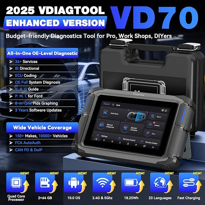 VDIAGTOOL Bidirectional Scan Tool VD70, OBD2 Scanner Diagnostic Tool with ECU Coding, 36+ Resets, PMI, FCA AutoAuth, All System, CAN FD & DoIP, V.A.G. Guide, 3-Year Update