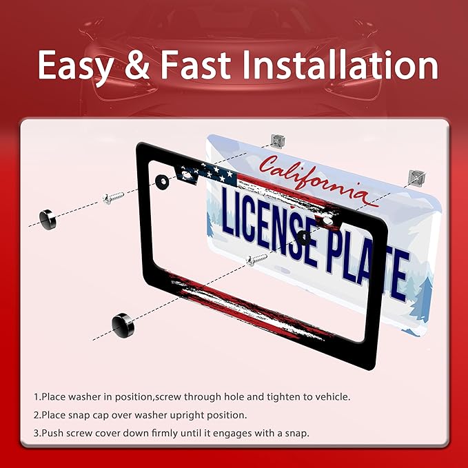 Personalized License Plate Frame American Flag Stainless Steel Accessory Patriotic License Plate Holder Funny Car Decorative 2 Holes Screws Fits Us Standard License Plates 12.2 X 6.3 in for Men Women
