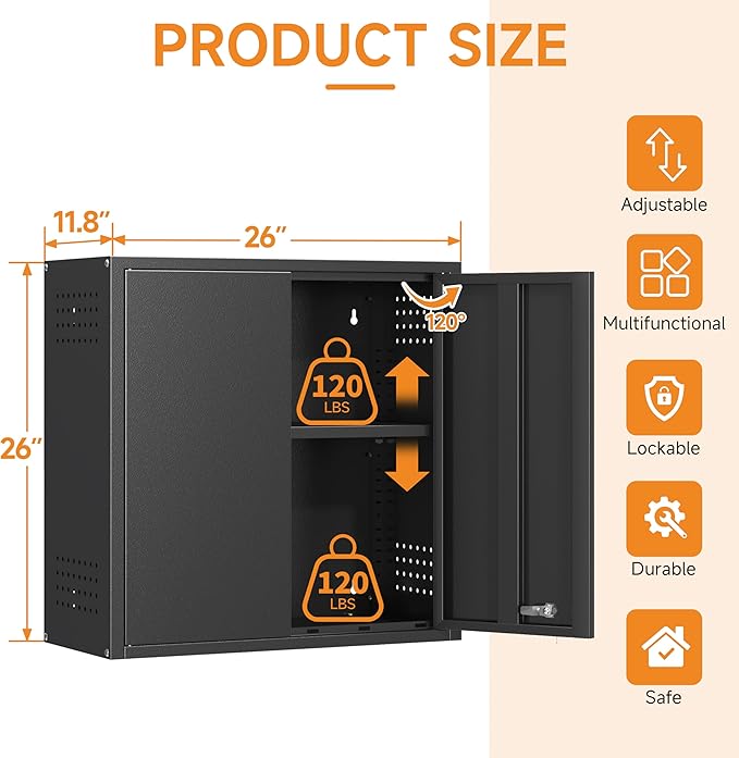 Metal Garage Wall Cabinet with 2 Doors and 1 Adjustable Shelf,Lockable Floating Tool Cabinet with Pegboard,Black Steel Storage Cabinet for Kitchen,Office,Garage,Laundry,Warehouse(Black, 26" H)
