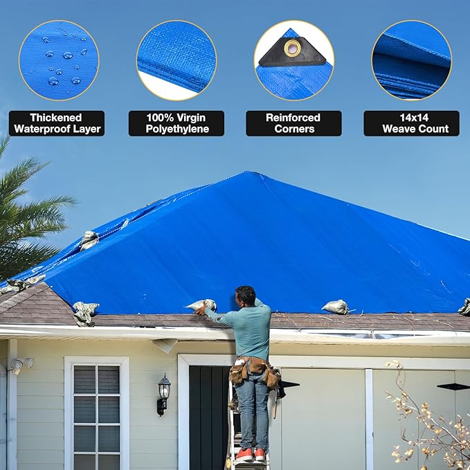 Tarp 20x30 Feet 14 Mil Heavy Duty Waterproof Tarp, Large Multipurpose Cover with Brass Grommets and Reinforced Edges, UV Resistant Thick Poly Tarps for Outdoor Camping Tent Pool Car, Blue