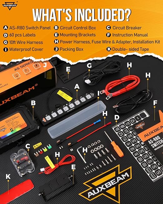 Auxbeam 8 Gang Slim Switch Panel RGB AS-R80 Toggle Momentary Pulsed Dimmable Backlight 80A Multifunction Switch Panel with Memory Function for 12-24V Truck Offroad Car Marine 2 Years Warranty