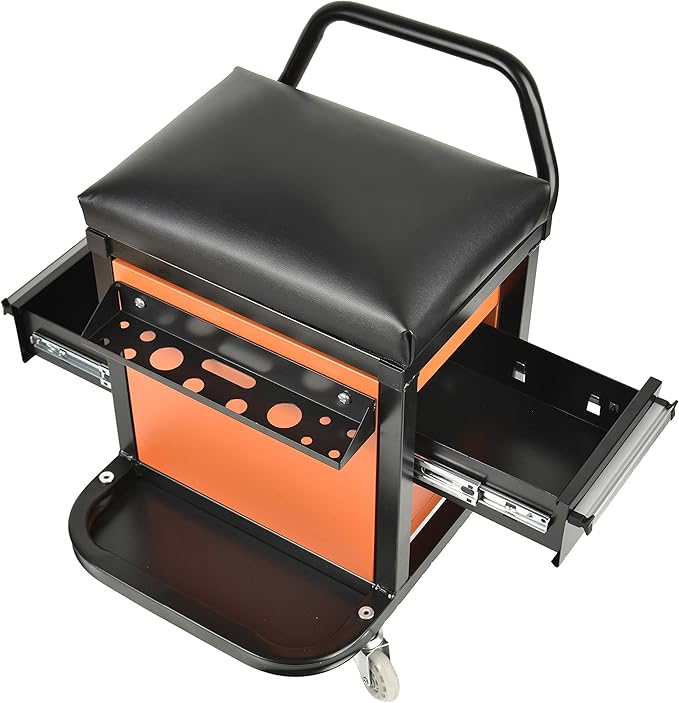 Eisen Rolling Tool Box with Seat, Mechanics Seat with Storage Drawers and 2-1/2" Swivel Casters, 300 lb. Capacity
